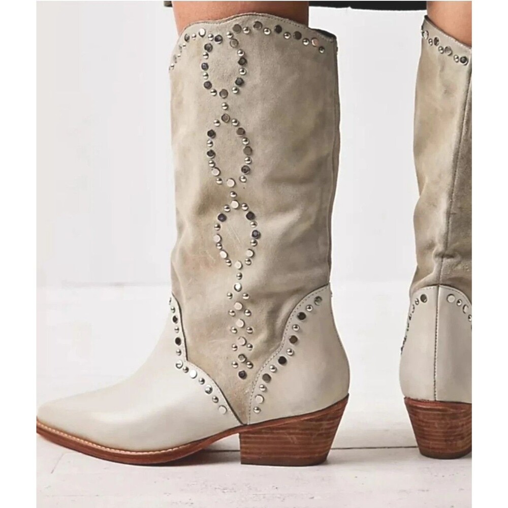 Free People Jaxon Studded Western Cowboy Boots Cream Excellent 38.5 8